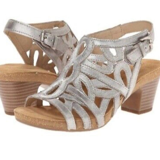 NEW SIZE 9-10 Josef Seibel Silver Sandals with Chunky Heel and Cut-Out Design