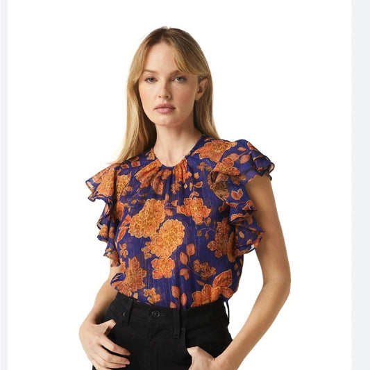 NWT SIZE XS Mango Blue and Orange Flutter Sleeve Blouse