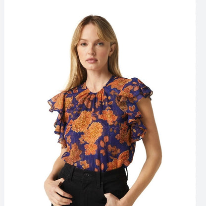 NWT SIZE XS Misa Blue and Orange Flutter Sleeve Blouse