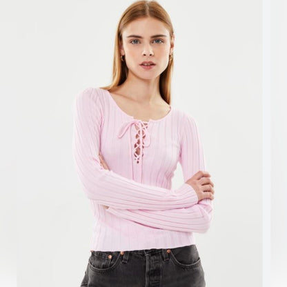 NWT SIZE SMALL Women's Pink Lace-Up Ribbed Top
