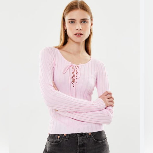 NWT SIZE SMALL Women's Pink Lace-Up Ribbed Top