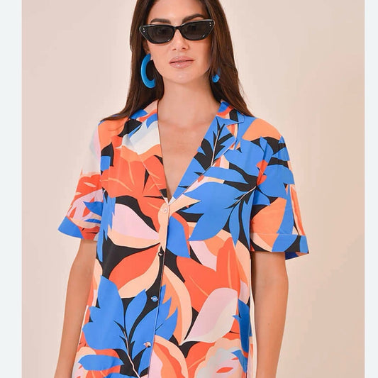 NWT SIZE L MINKPINK Blue and Orange Graphic Button Down Blouse