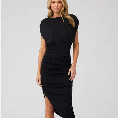 NWT SIZE SMALL Line & Dot Black Ruched Asymmetrical Sheath Dress
