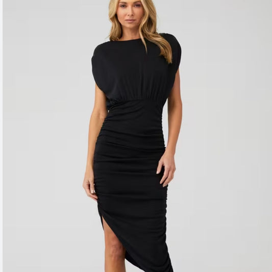 NWT SIZE SMALL Line & Dot Black Ruched Asymmetrical Sheath Dress