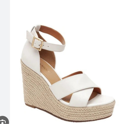 NEW SIZE 7 1/2 White and Tan Wedge Sandals with Espadrille Heel