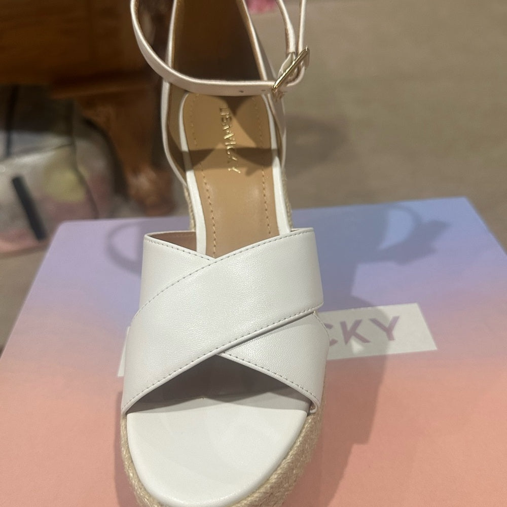 NEW SIZE 7 1/2 White and Tan Wedge Sandals with Espadrille Heel