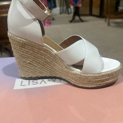 NEW SIZE 7 1/2 White and Tan Wedge Sandals with Espadrille Heel