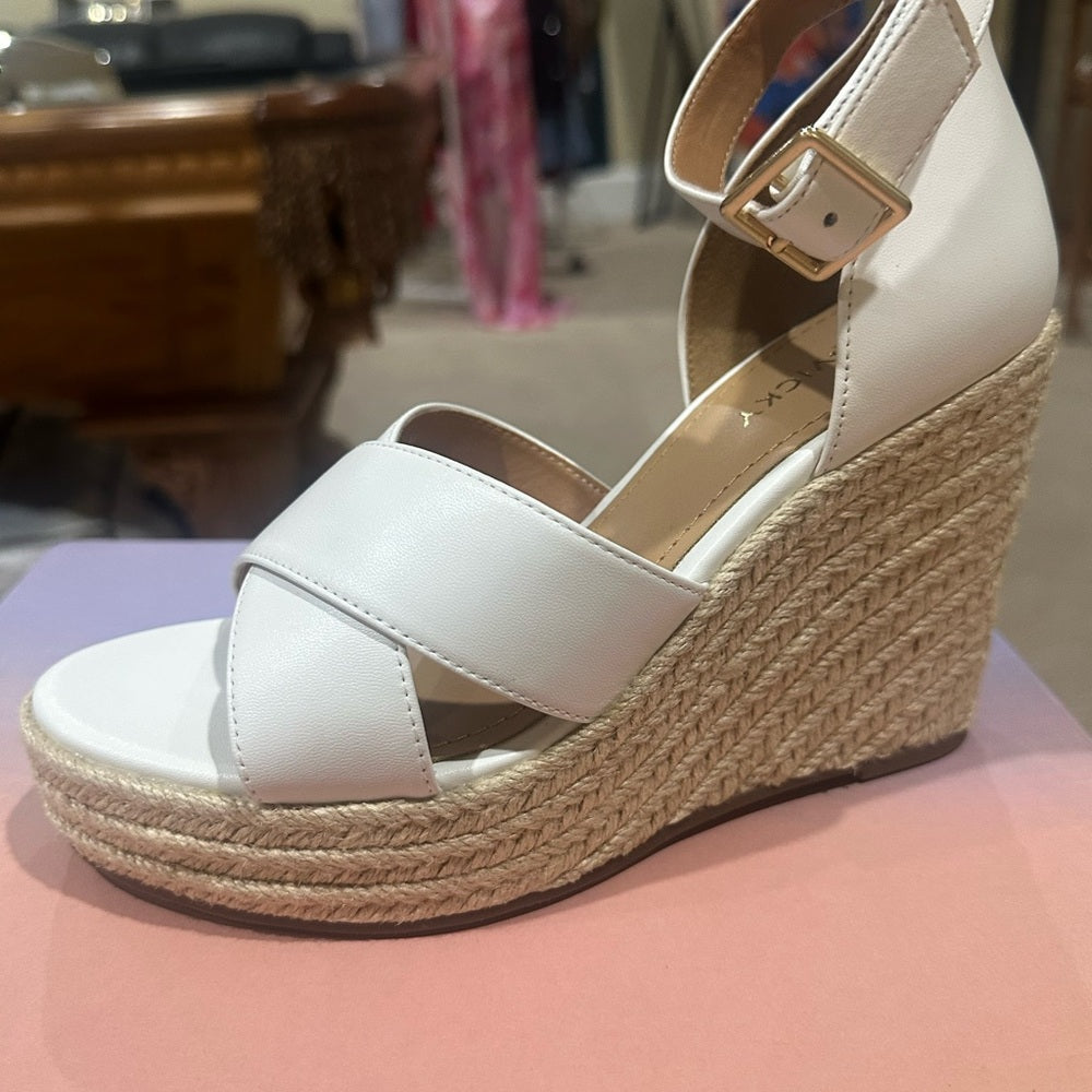 NEW SIZE 7 1/2 White and Tan Wedge Sandals with Espadrille Heel
