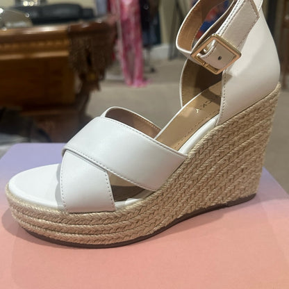 NEW SIZE 7 1/2 White and Tan Wedge Sandals with Espadrille Heel