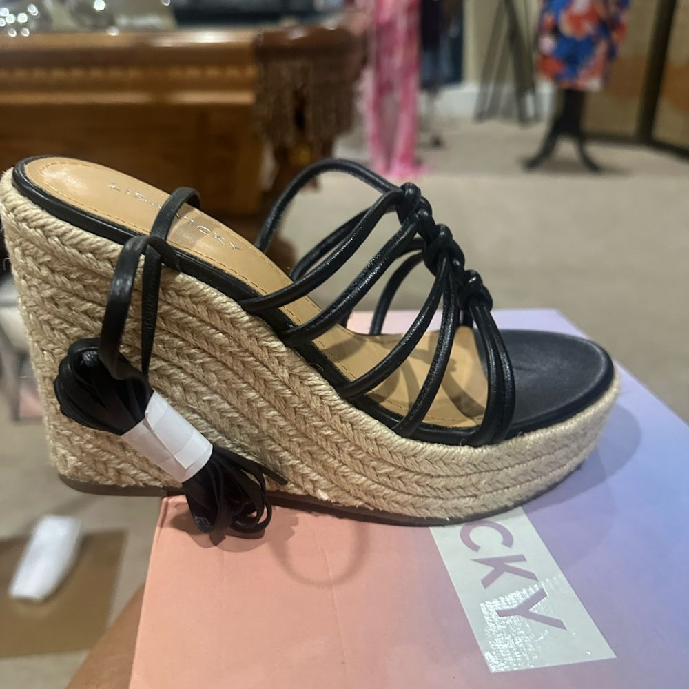 NEW SIZE 7 Elegant Black and Tan Wedges with Ankle Tie