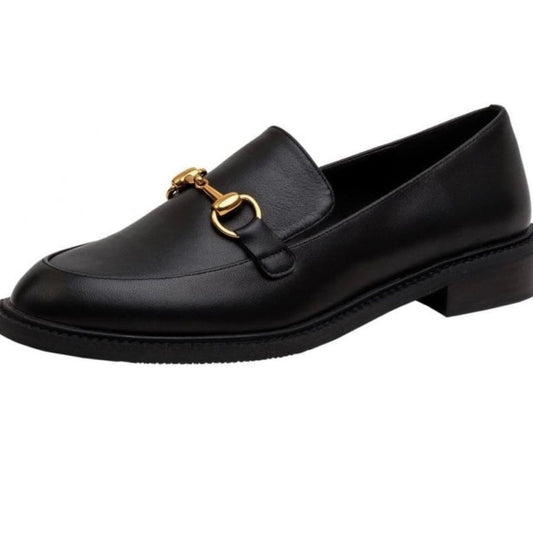 NEW SIZE 10 Black and Gold Leather Loafers with Gold Accent