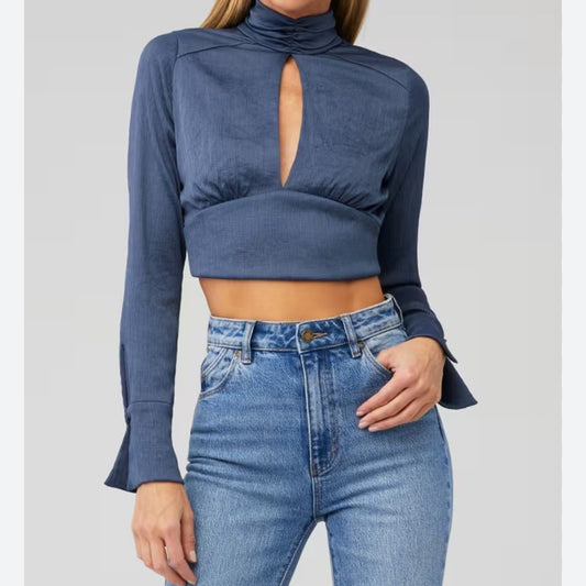 SIZE XS Blue Life Blue Fitted Crop Top with Mandarin Collar