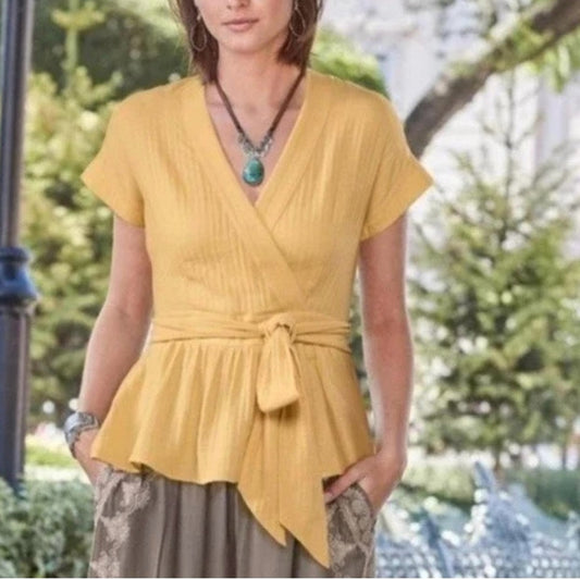 SIZE M Sundance Yellow Wrap Peplum Blouse