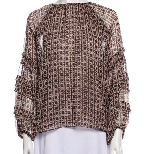 NWT SIZE M Misa Los Angeles Ruffled Dolman Sleeve Blouse in Brown and Cream