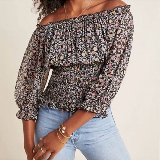 NWT SIZE S Anthropologie Black and White Off-the-Shoulder Puff Sleeve Blouse