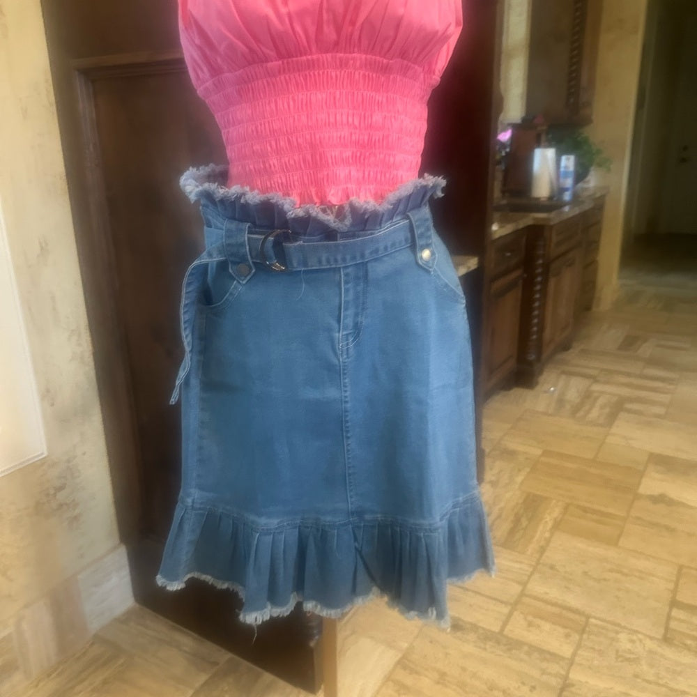 NWOT SIZE S/M Hayden Blue Gray Ruffled Tie Front Midi Skirt