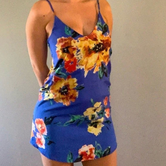 SIZE S Lulu's Blue Yellow Spaghetti Strap Slip Dress