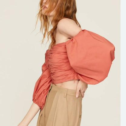 SIZE 4 Tanya Taylor Pink Off-the-Shoulder Ruched Blouse
