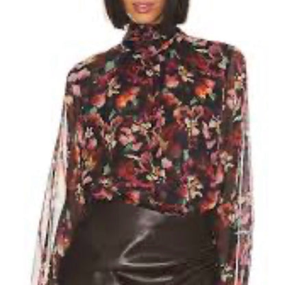 NWT SIZE S Misa Los Angeles Black and Red High Low Mandarin Collar Blouse