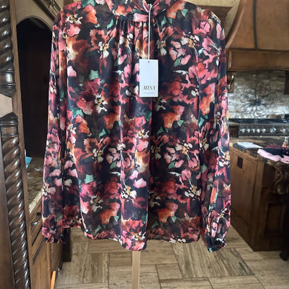 NWT SIZE S Misa Los Angeles Black and Red High Low Mandarin Collar Blouse
