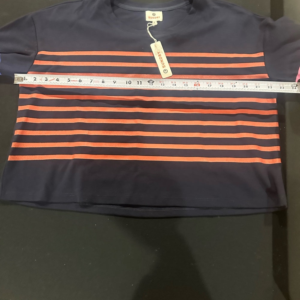 NWT SIZE L Sundry Navy Striped Crop Top