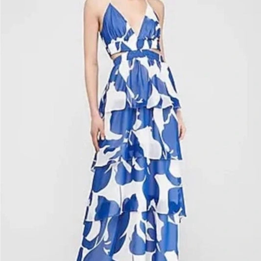 NWT SIZE XS Express Blue and White Tiered Ruffled Maxi Sundress