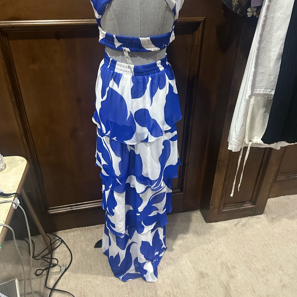 NWT SIZE XS Express Blue and White Tiered Ruffled Maxi Sundress