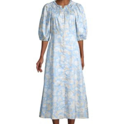 SIZE 14 Rebecca Taylor Blue and White 3/4 Puff Sleeve Dress