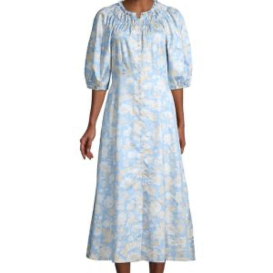 SIZE 14 Rebecca Taylor Blue and White 3/4 Puff Sleeve Dress