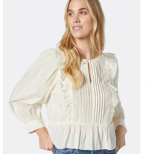 NWT SIZE M Joie Cream Blouse with Puff Sleeves and Ruffled Peplum