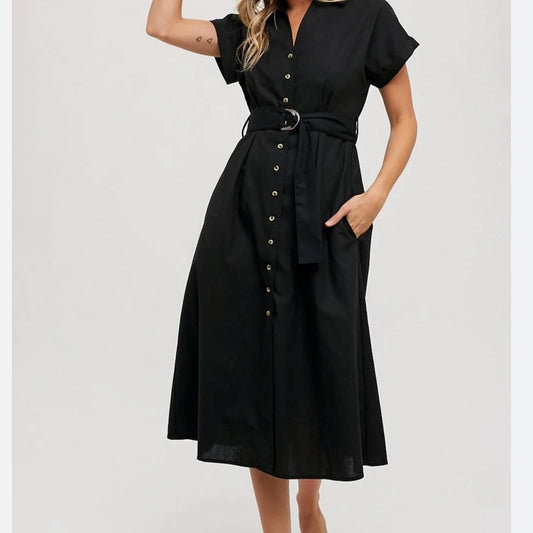SIZE XS Ramy Brook Black Midi Shirt Dress with Cuffed Sleeves
