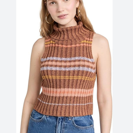 NWOT SIZE XS Free People Pink and Brown Ribbed Turtleneck Sweater