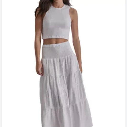 NWOT SIZE S DKNY Gray Tiered White Maxi Skirt Resort Wear