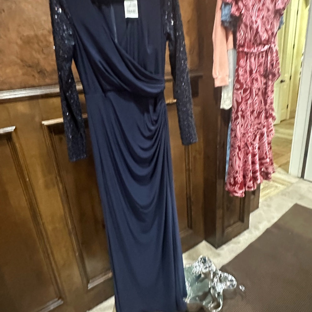 NWT SIZE 8 Eliza J Blue Ruched Wrap Long Sleeve Gown