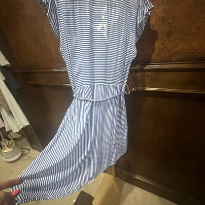 SIZE 6 LOFT Blue and White Mini Sundress with Crew Neck and Flutter Cap Sleeves
