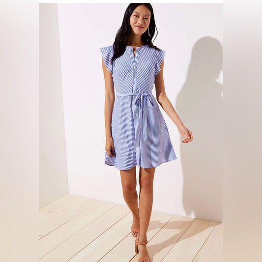 SIZE 6 LOFT Blue and White Mini Sundress with Crew Neck and Flutter Cap Sleeves