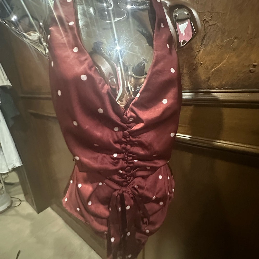 SIZE L For Love And Lemons Red Ruched Tie Front Bodysuit