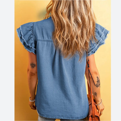 NWT SIZE XL BiBi Blue Button Down Top with Flutter Sleeves and Ruffled Accents
