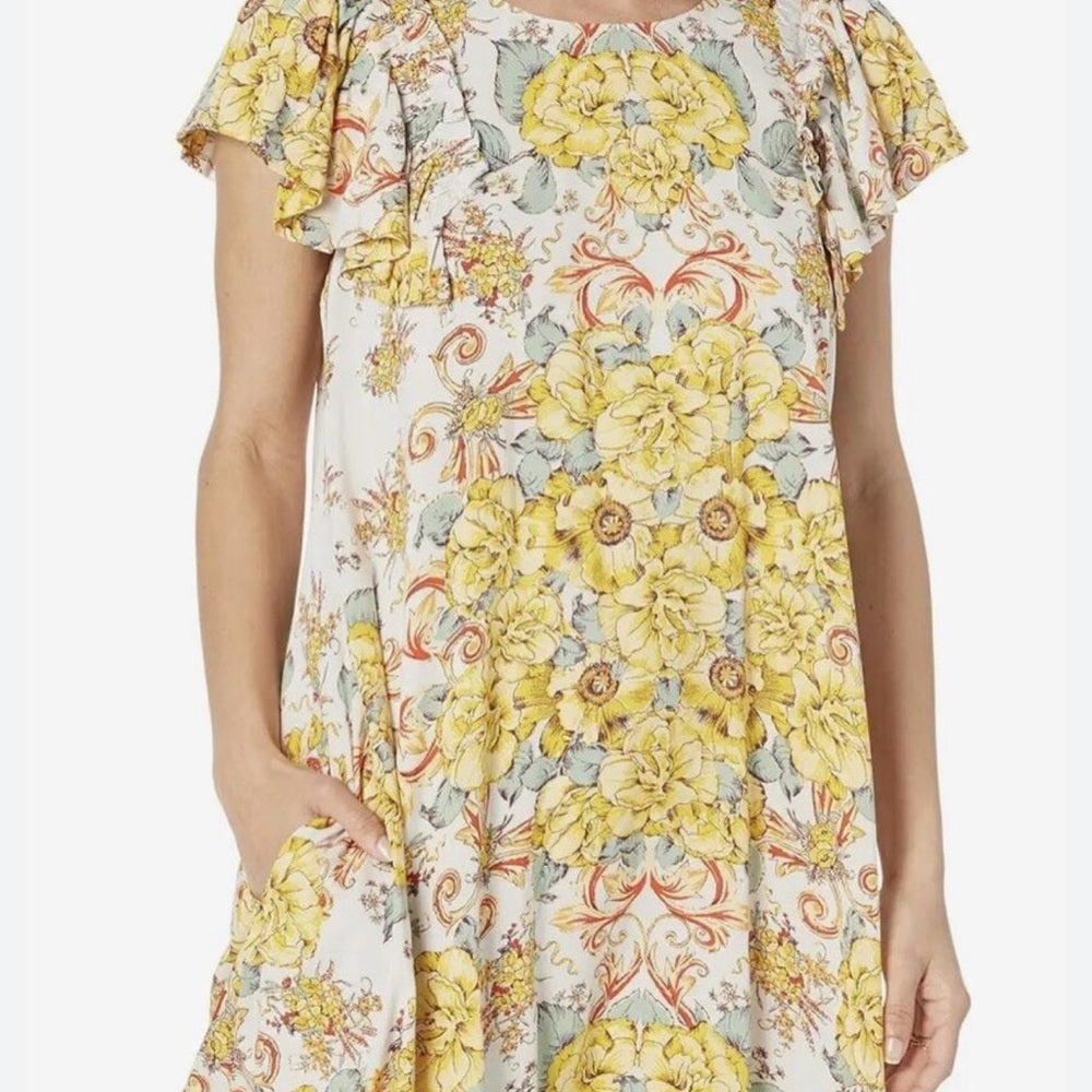 NWOT SIZE S/P Free People Yellow and White Ruffled Flutter Sleeve Sundress
