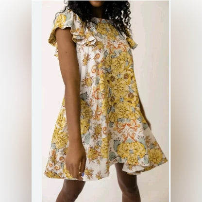 NWOT SIZE S/P Free People Yellow and White Ruffled Flutter Sleeve Sundress