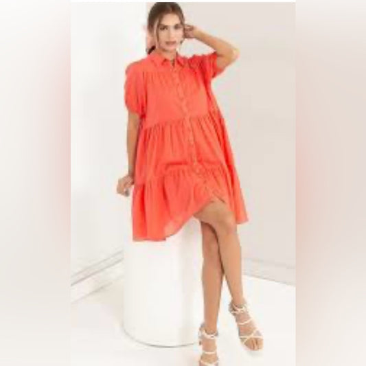 NWOT SIZE L HYFVE Orange and Pink Puff Sleeve Asymmetrical Sundress