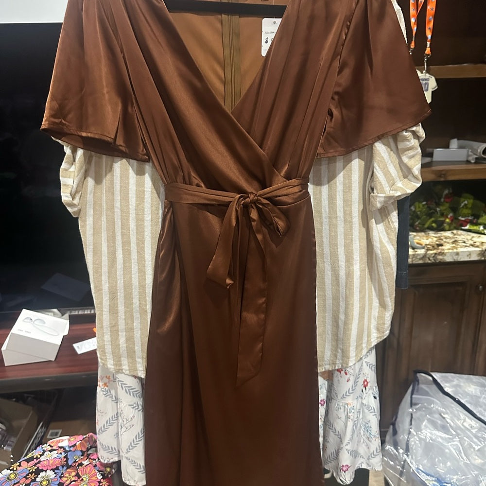 NWOT SIZE L JessaKae Brown V-Neck Flutter Sleeve Sundress