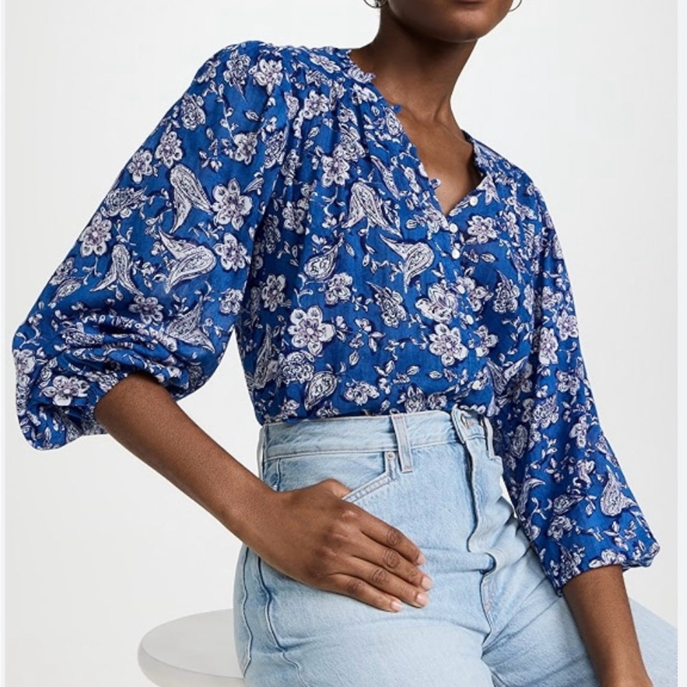 NWT SIZE L/3 Sundry Blue and White Blouse with Relaxed Fit and 3/4 Sleeves