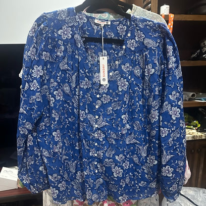 NWT SIZE L/3 Sundry Blue and White Blouse with Relaxed Fit and 3/4 Sleeves