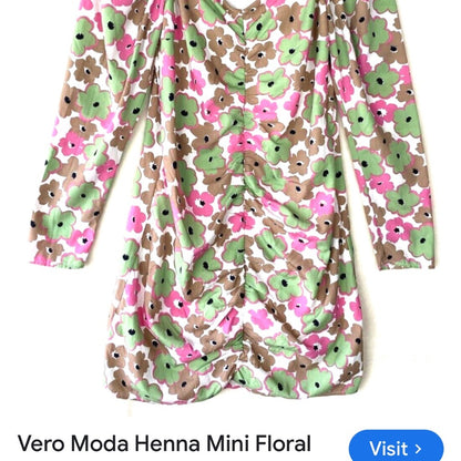 SIZE M Vero Moda Pink and Green Ruched Bodycon Dress with Puff Sleeves