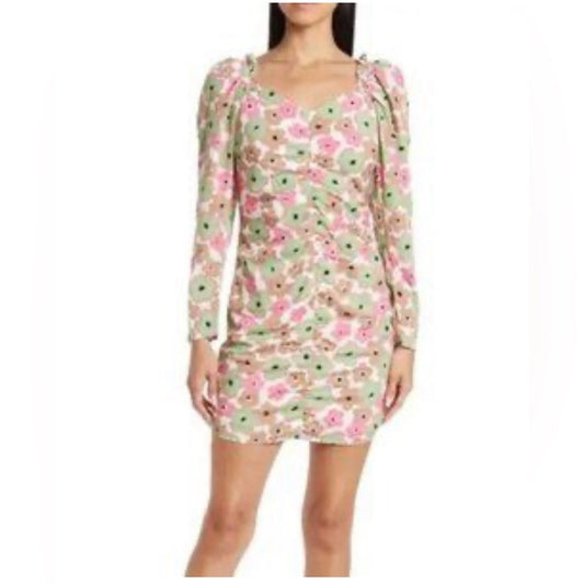 SIZE M Vero Moda Pink and Green Ruched Bodycon Dress with Puff Sleeves