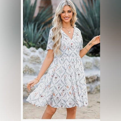 SIZE S White V-Neck Short Sleeve Midi Sundress