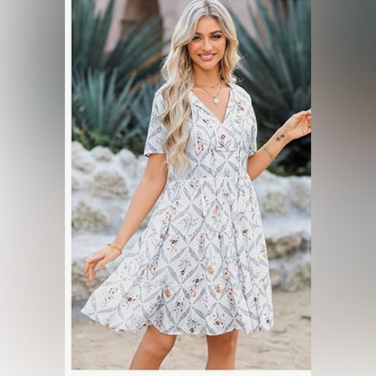 SIZE S White V-Neck Short Sleeve Midi Sundress