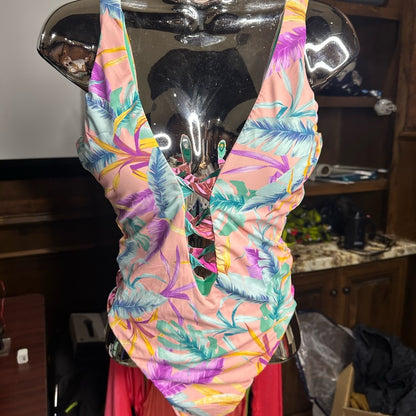 NWT SIZE M Bar III Pink and Purple One Piece with Tropical Print