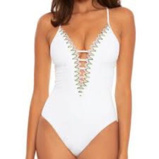 NWT SIZE L BECCA White and Green One Piece Swimsuit with Lace-Up V-Neck